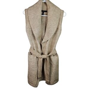 White House Black Market Womens Knit Sweater Vest Beige Shawl Collar Belted S